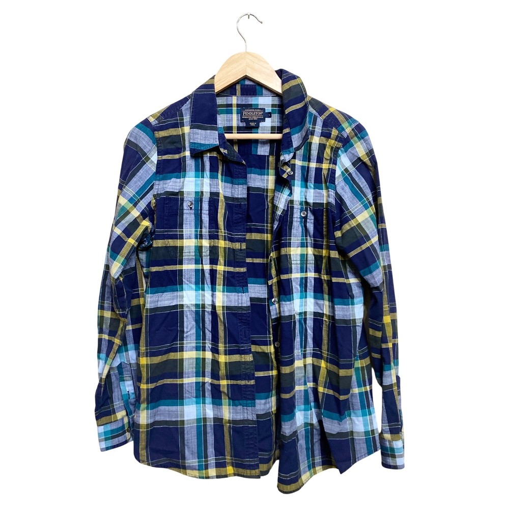 Pendleton Mens Plaid Button Down Shirt Navy Blue Yellow Teal TM149-69420 Large